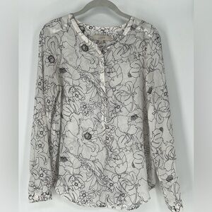 LOFT SHEAR WHITE BLOUSE‎ WITH BLACK BLOWERS SOFT FEMININE LIGHT